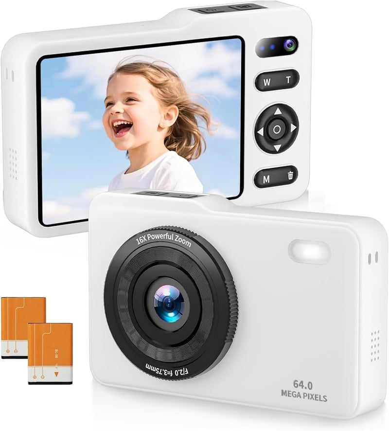 TZZPL Digital Camera, 64MP Dual Lens Autofocus Point and Shoot Digital Camera, 16x Zoom Vlogging Camera with 2 Batteries, Portable Rechargeable Small Camera for Kids Teens (White) - Image 1